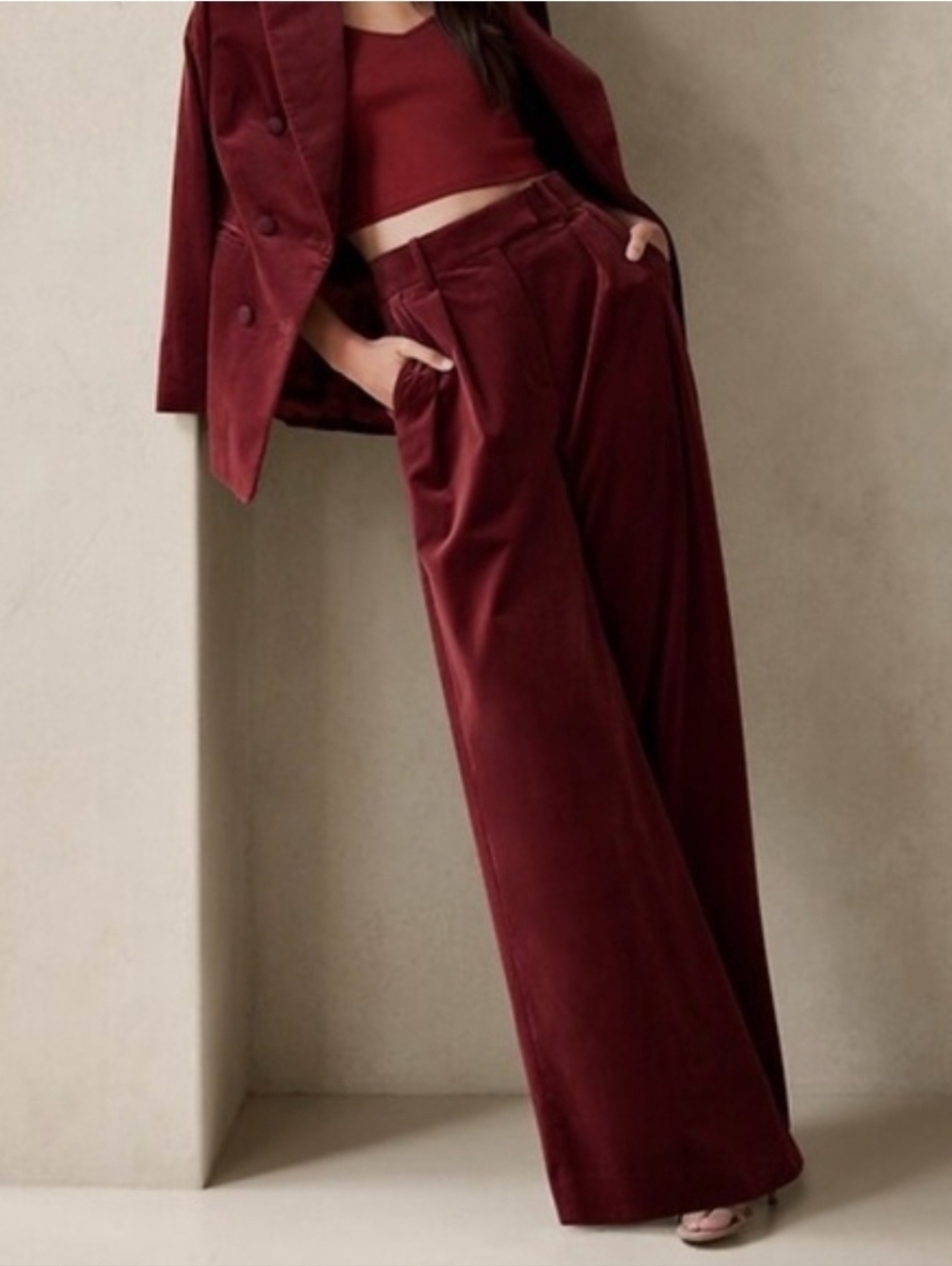 Banana Republic Norte Velvet Pleated Wide Leg Pants Sz 6 Red Madder